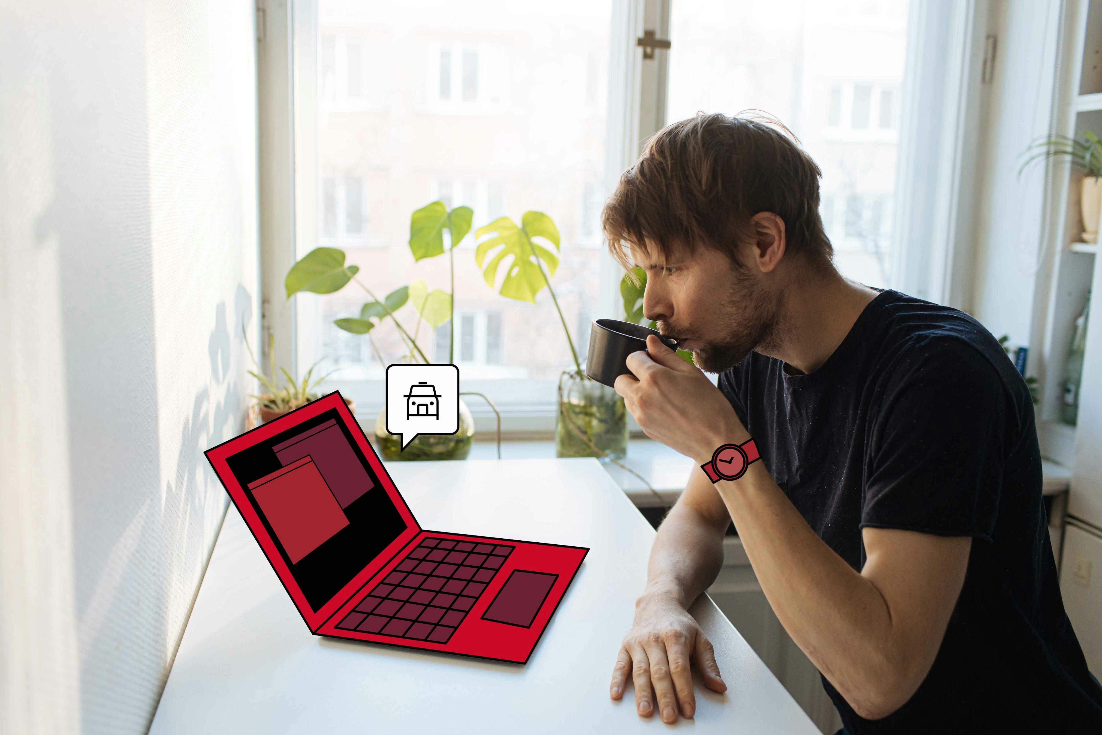 Man with watch drinking coffee or tea looking at laptop with taxi sticker and green plants in the background
